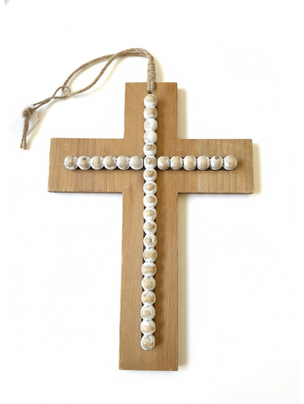 Rustic Wooden Cross Wall Hanging with Bead Accents and Twine Loop